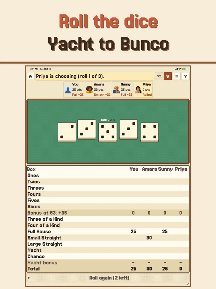 A dice game with a score card