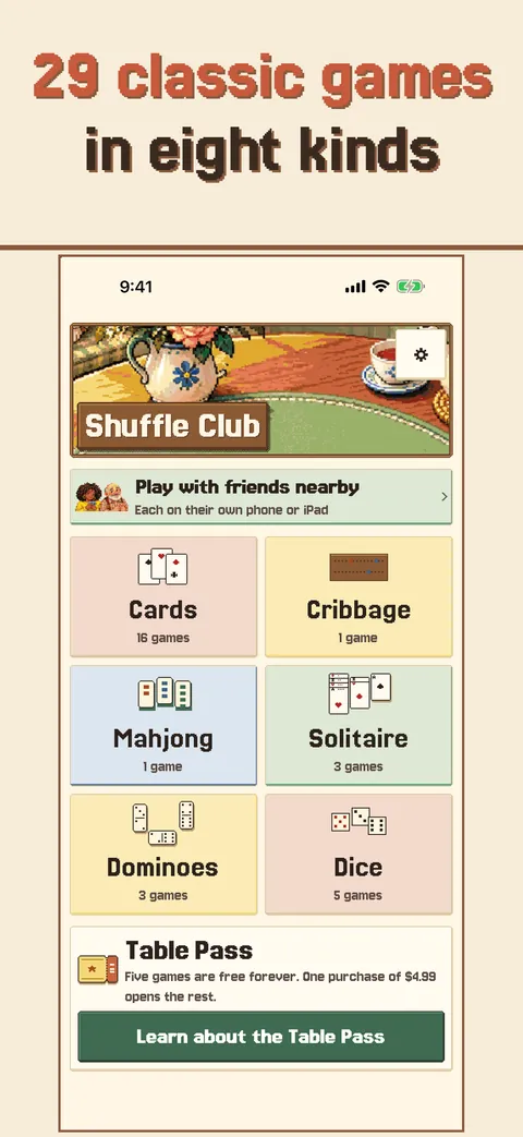 The Shuffle Club home screen, with games grouped by kind