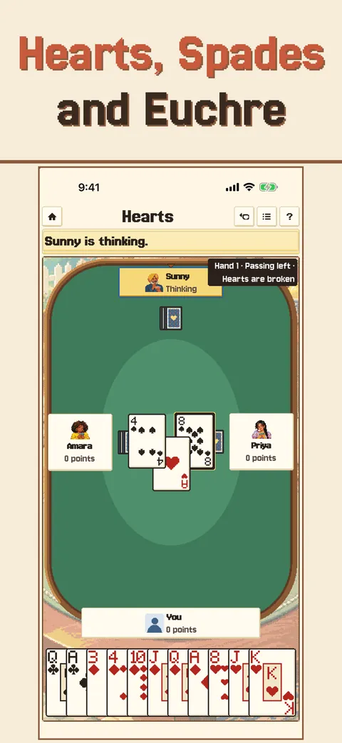 A game of Hearts at a green felt table with three companions