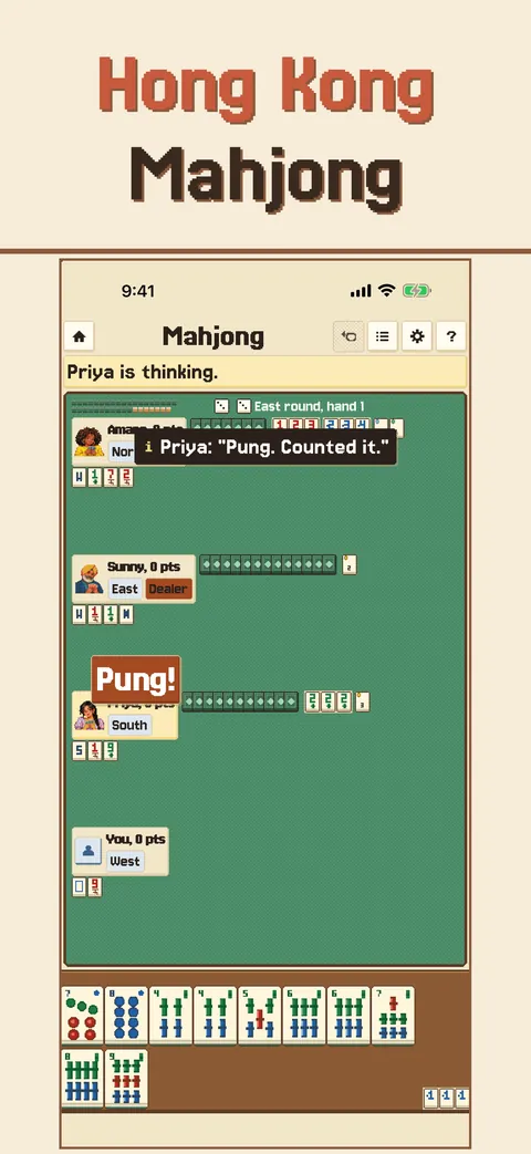 A Mahjong hand with tiles and claimed sets