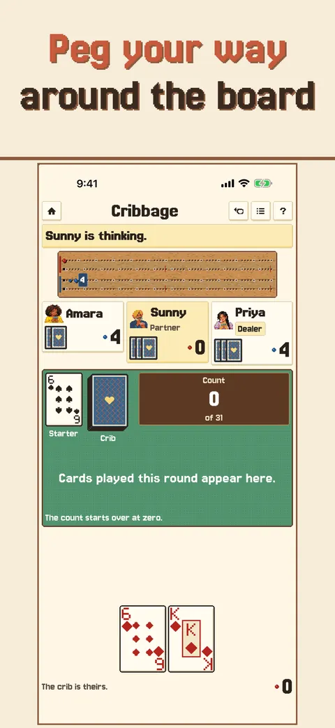 A Cribbage hand with the pegging board