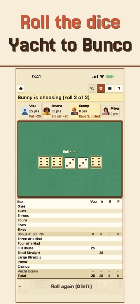 A dice game with a score card