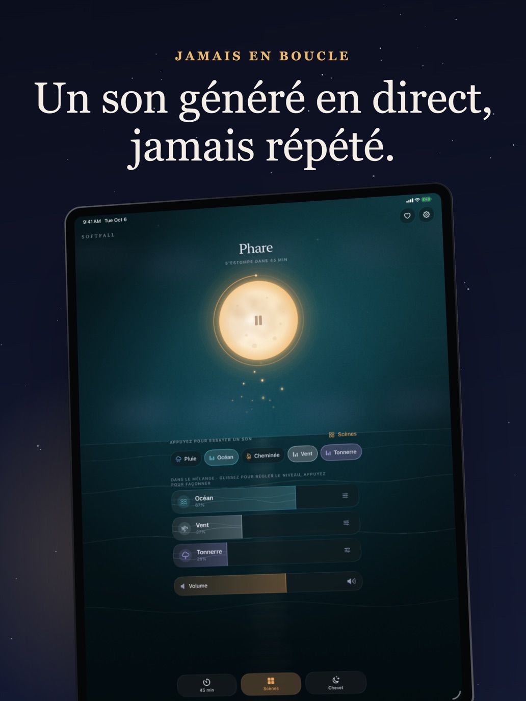Softfall sur iPad, une ambiance de phare avec océan, vent et tonnerre