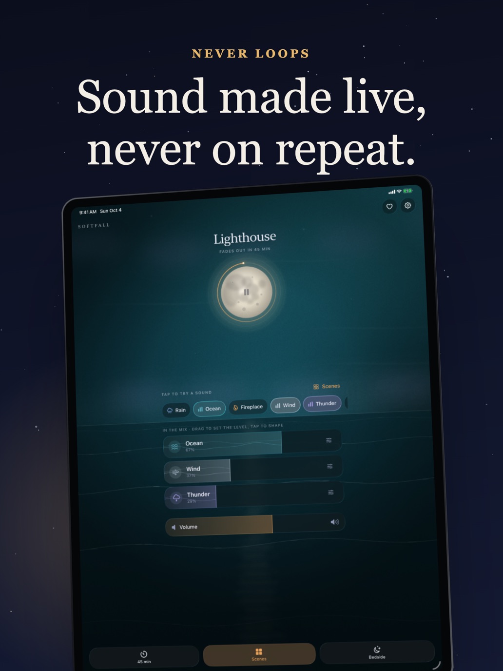 Softfall on iPad, a lighthouse scene with ocean, wind and thunder