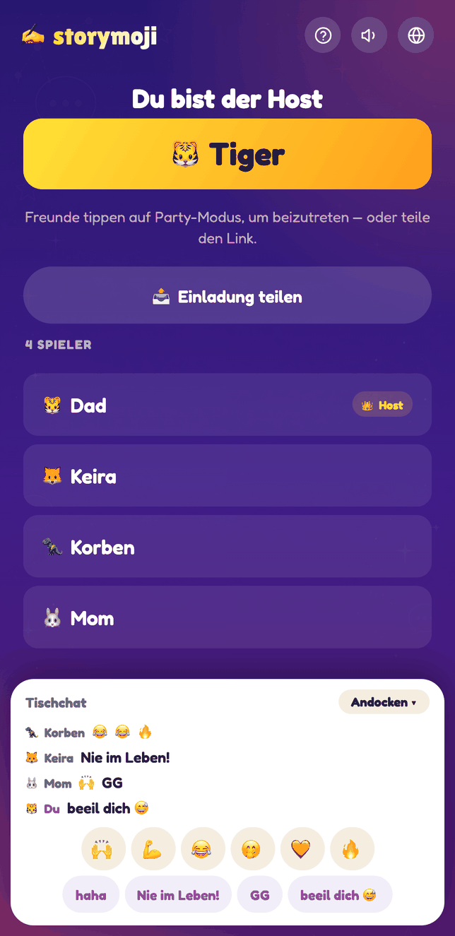 Storymoji Party-Modus-Lobby mit geöffnetem Tisch-Chat