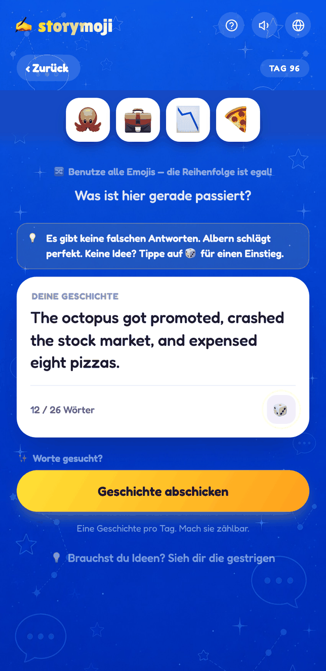 Storymoji-Bildschirm für die tägliche Story, beim Schreiben einer Geschichte aus vier Emojis