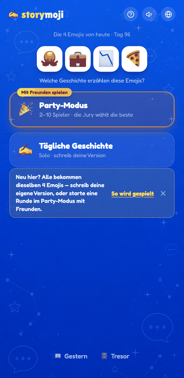 Storymoji-Startbildschirm mit den heutigen Emojis und den zwei Spielmodi