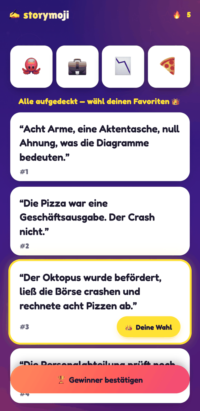 Storymoji Party-Modus-Jurybildschirm, der die Geschichten der Spieler zeigt, um einen Sieger zu küren
