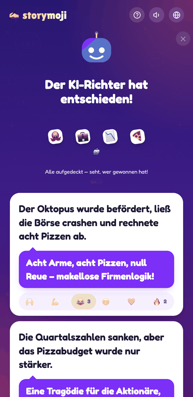 Storymoji-Aufdeckbildschirm mit Emoji-Reaktionen auf jeder Geschichte