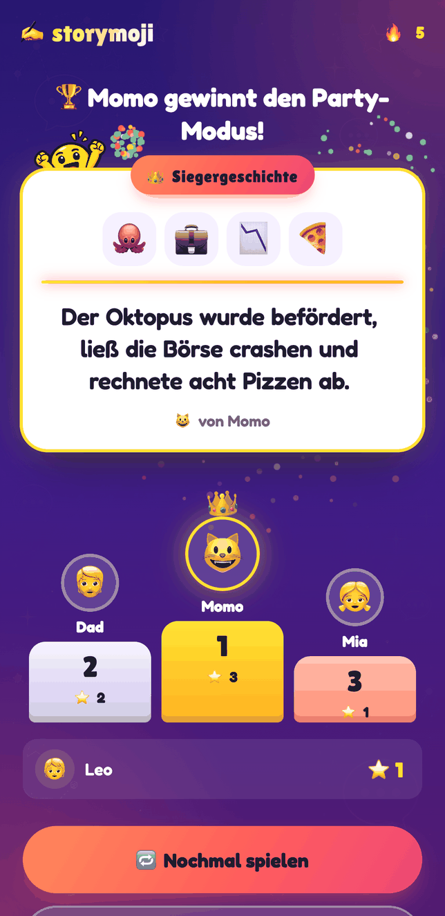 Storymoji Party-Modus-Punktetafel nach einer Runde mit der Gewinner-Geschichte