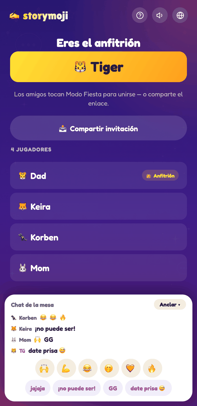 Sala de Storymoji Modo Fiesta con el chat de mesa abierto