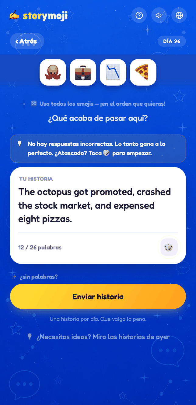 Pantalla de escritura de la Historia del día de Storymoji, redactando una historia a partir de cuatro emojis