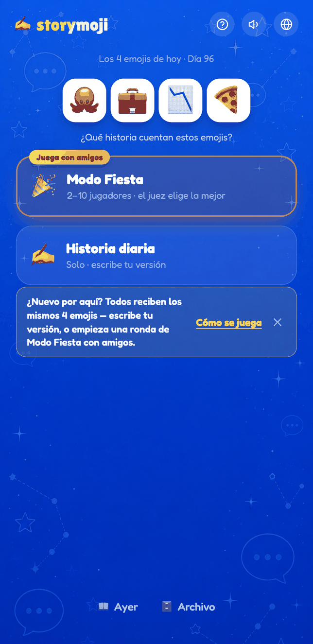 Pantalla de inicio de Storymoji mostrando los emojis de hoy y los dos modos de juego