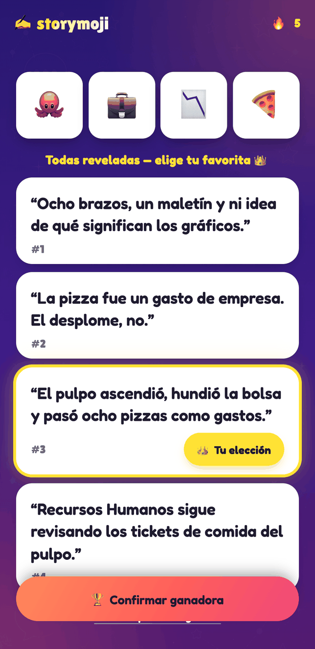 Pantalla de votación del Modo Fiesta de Storymoji, revelando las historias de los jugadores para elegir un ganador