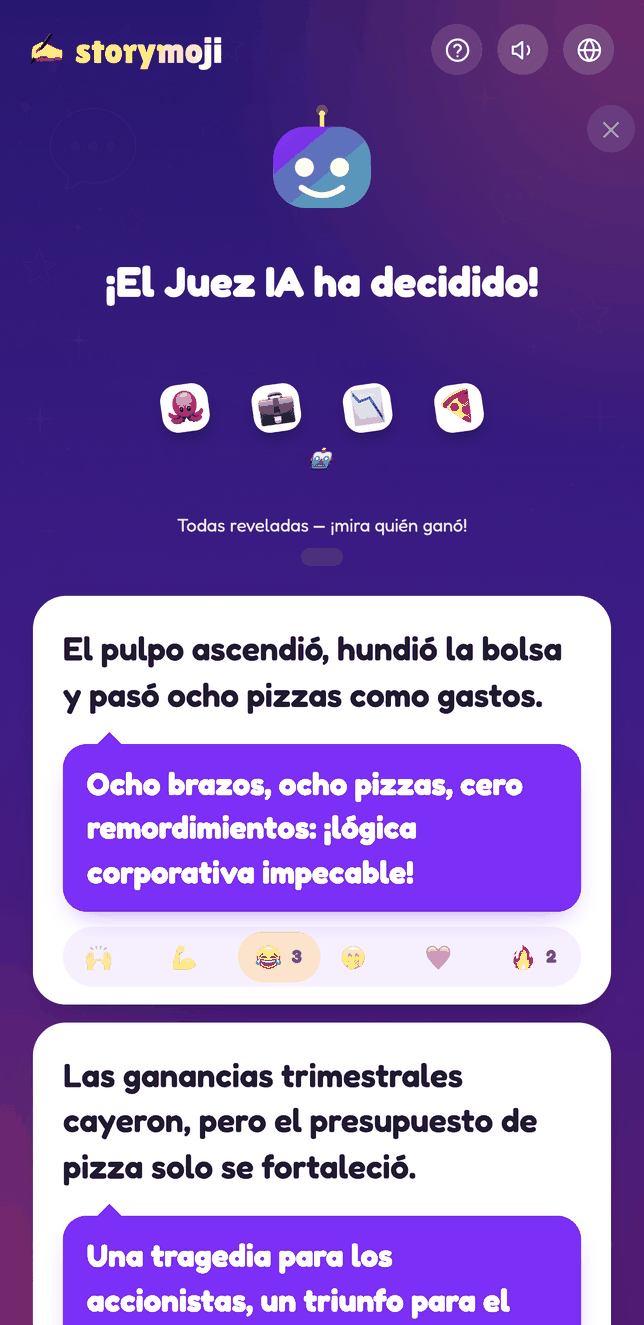 Pantalla de revelación de Storymoji con reacciones de emoji en cada historia
