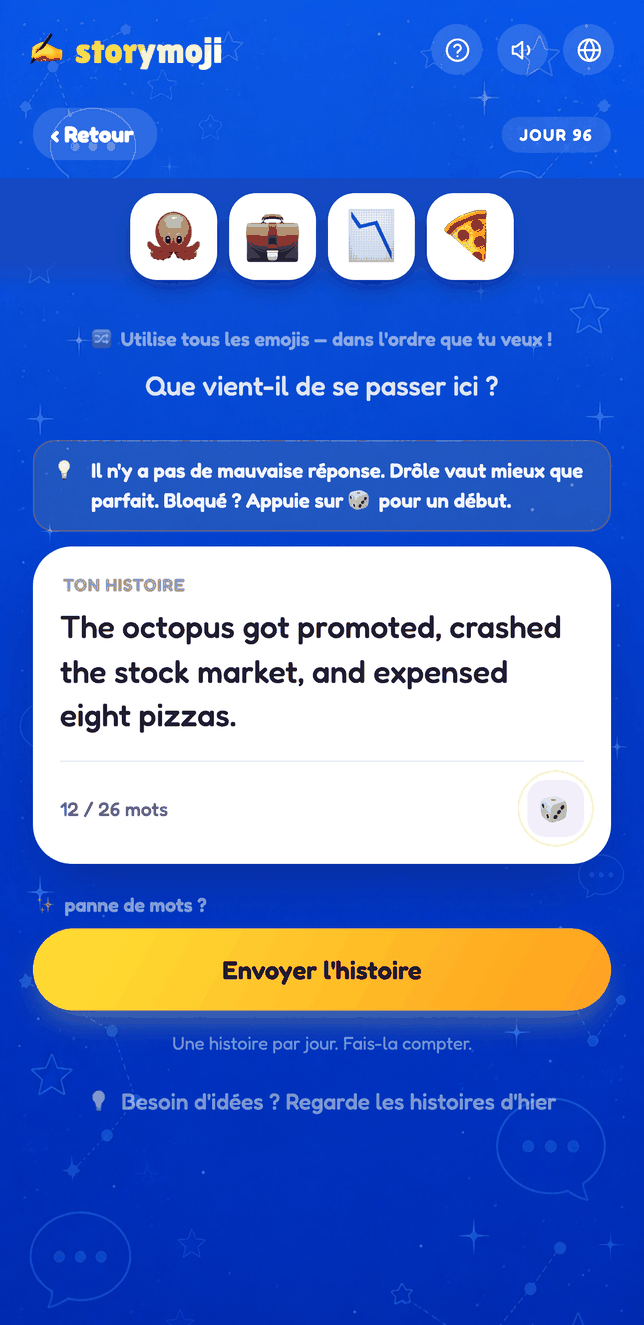 Écran de rédaction de l'Histoire du jour de Storymoji, écriture d'une histoire à partir de quatre emojis