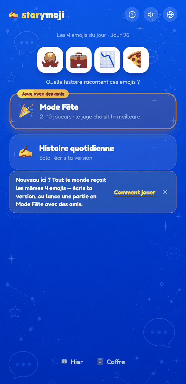 Écran d'accueil de Storymoji montrant les emojis du jour et les deux modes de jeu