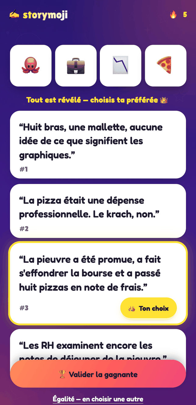 Écran de jugement du Mode Fête de Storymoji, révélation des histoires des joueurs pour choisir un gagnant