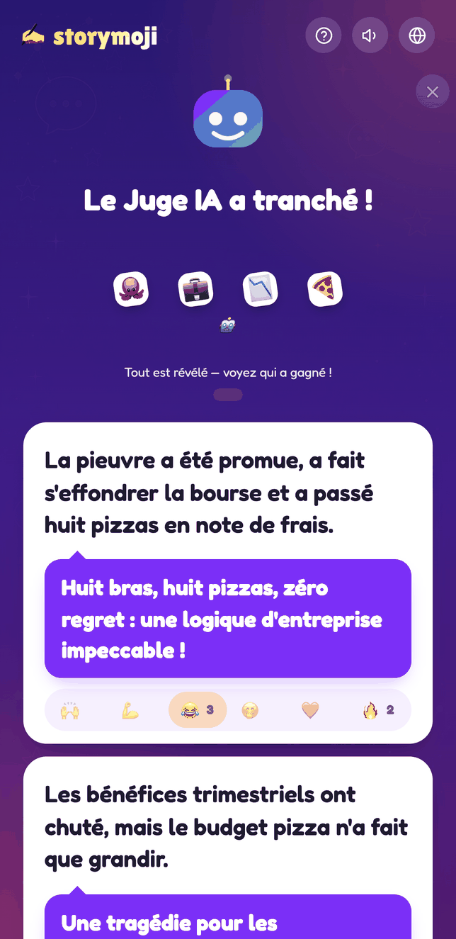 Écran de révélation Storymoji avec des réactions emoji sur chaque histoire