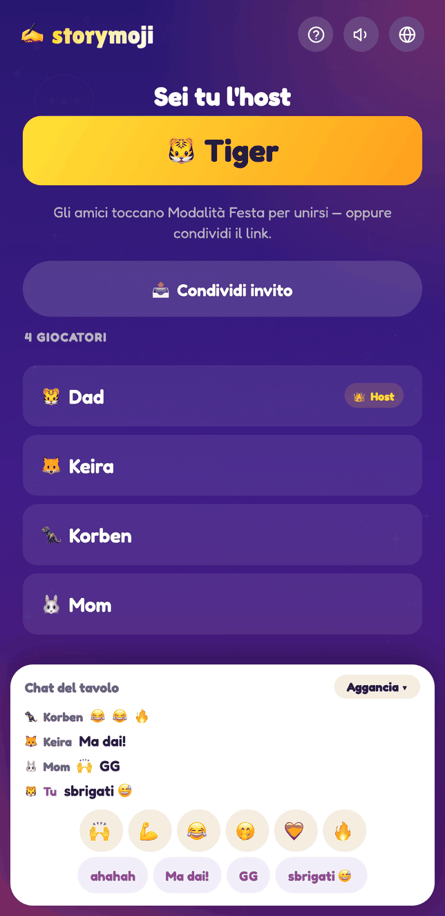 Lobby di Storymoji Modalità Festa con la chat del tavolo aperta