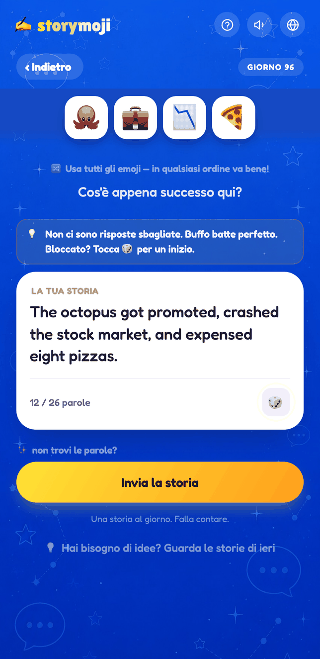 Schermata di composizione della Storia del giorno di Storymoji, scrittura di una storia da quattro emoji