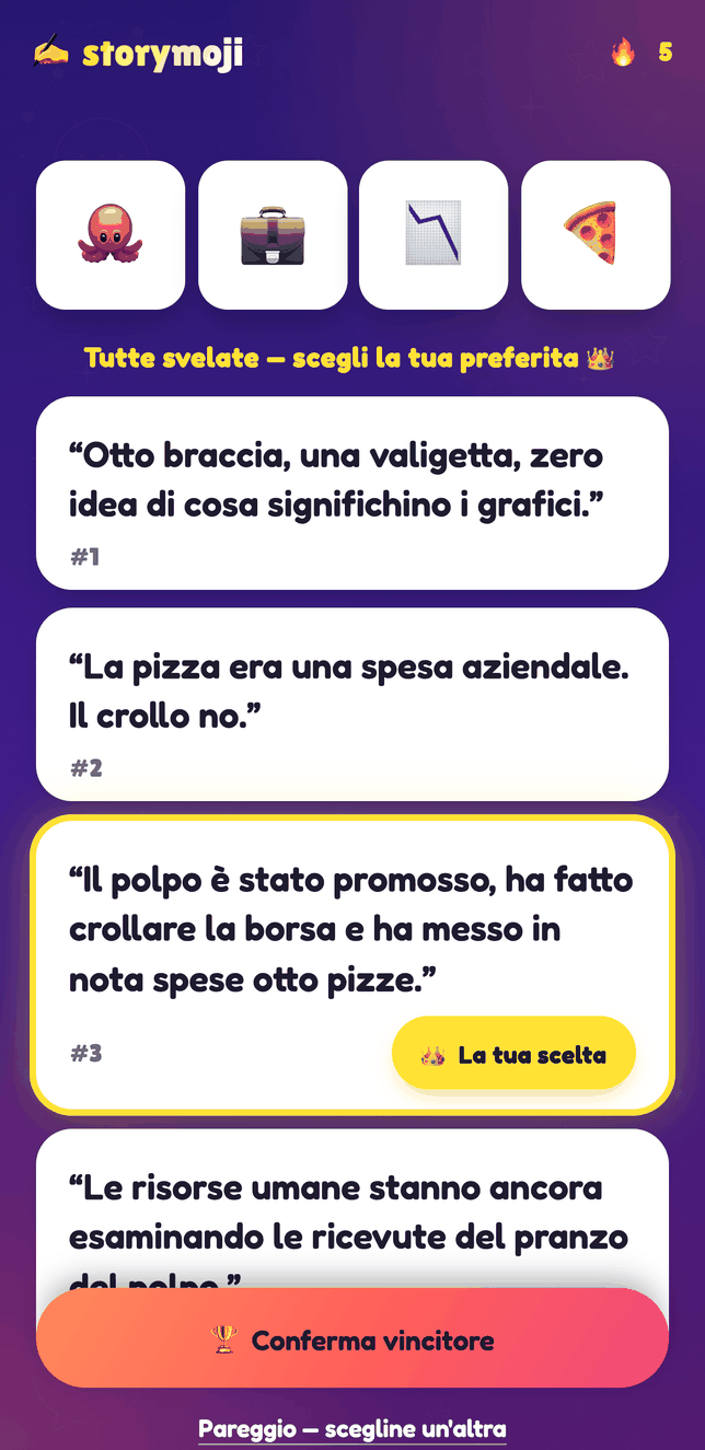 Schermata di giudizio della Modalità Festa di Storymoji, rivelazione delle storie dei giocatori per scegliere un vincitore