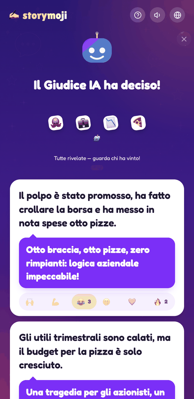 Schermata di rivelazione di Storymoji con reazioni emoji su ogni storia