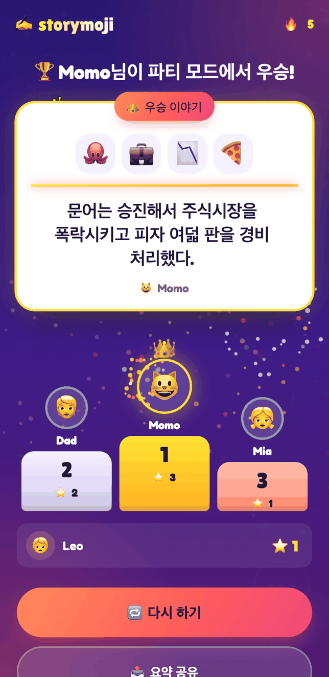 라운드 종료 후 우승 이야기를 보여주는 Storymoji 파티 모드 점수판