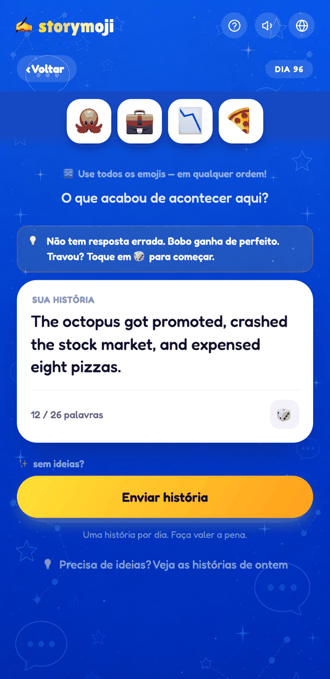 Tela de criação da História do Dia do Storymoji, escrevendo uma história a partir de quatro emojis
