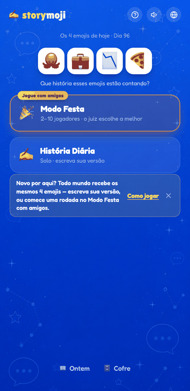 Tela inicial do Storymoji mostrando os emojis de hoje e os dois modos de jogo