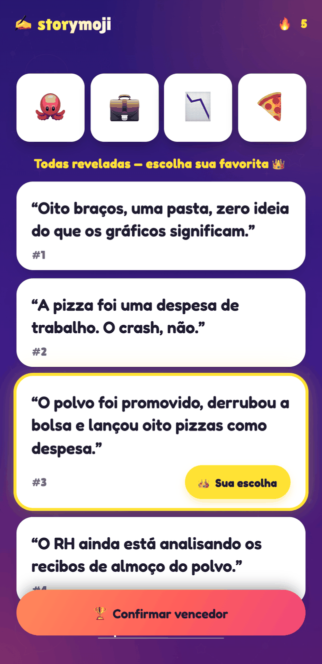 Tela de julgamento do Modo Festa do Storymoji, revelando as histórias dos jogadores para escolher um vencedor