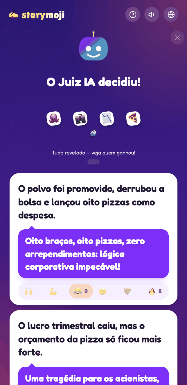 Tela de revelação do Storymoji com reações de emoji em cada história