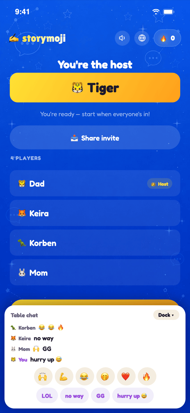Storymoji Party Mode lobby with the table chat open