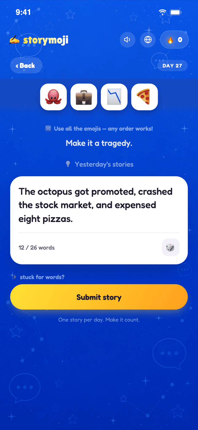 Storymoji Daily Story compose screen, writing a story from four emojis