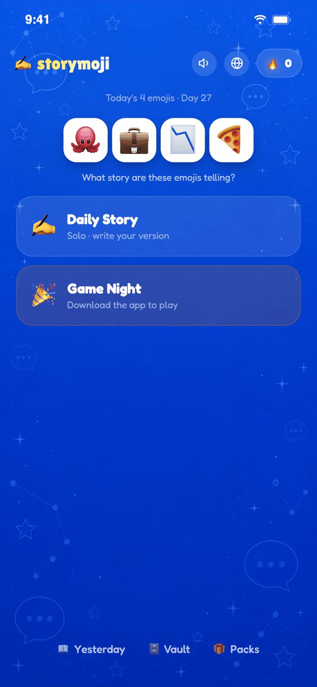 Storymoji home screen showing today's emojis and the two play modes