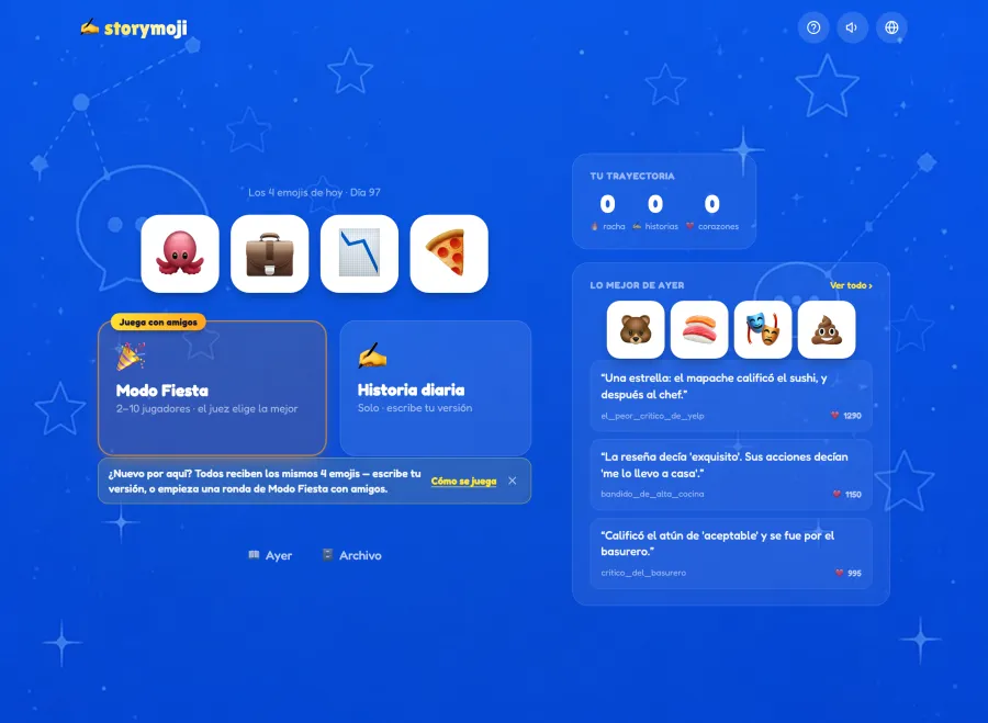 Storymoji en iPad en horizontal: los cuatro emojis de hoy, el Modo Fiesta para 2 a 10 jugadores, la Historia del día y las mejores historias de ayer, todo en una vista