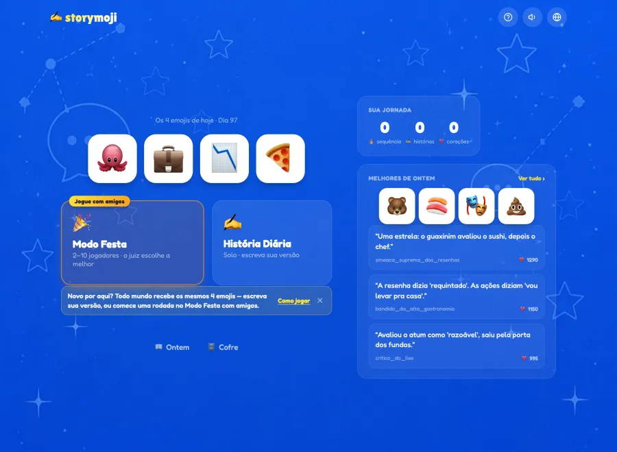 Storymoji no iPad na horizontal: os quatro emojis de hoje, o Modo Festa para 2 a 10 jogadores, a História do Dia e as melhores histórias de ontem lado a lado