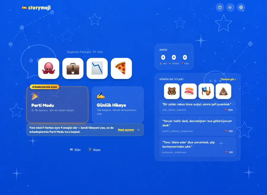 Storymoji iPad'de yatay modda: günün dört emojisi, 2 ile 10 oyuncu için Parti Modu, Günün Hikayesi ve dünün en iyi hikâyeleri yan yana