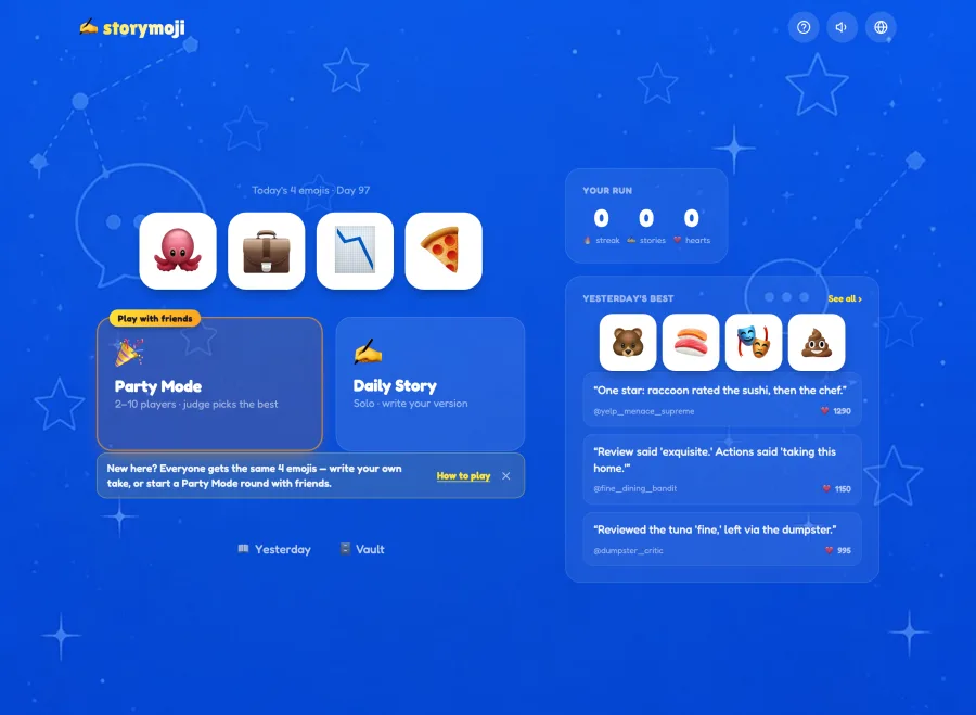 Storymoji on iPad in landscape: today's four emojis, Party Mode for 2 to 10 players, Daily Story, and yesterday's best stories side by side