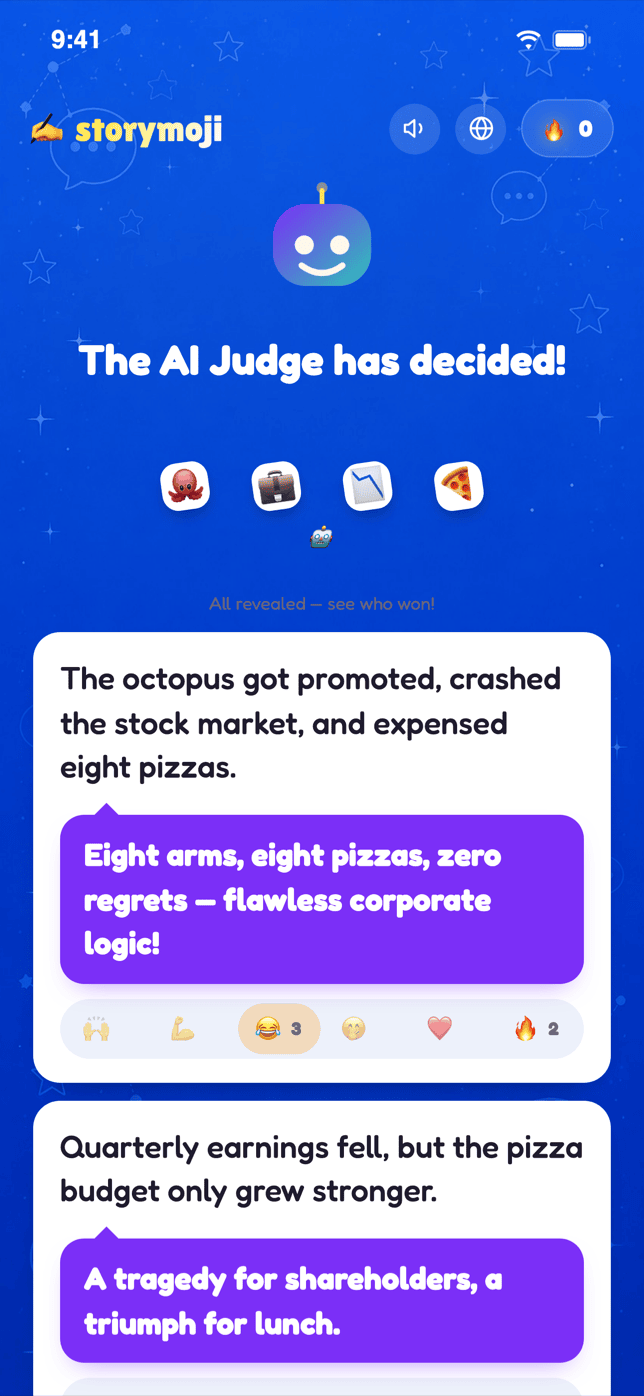 Storymoji reveal screen with emoji reactions on each story