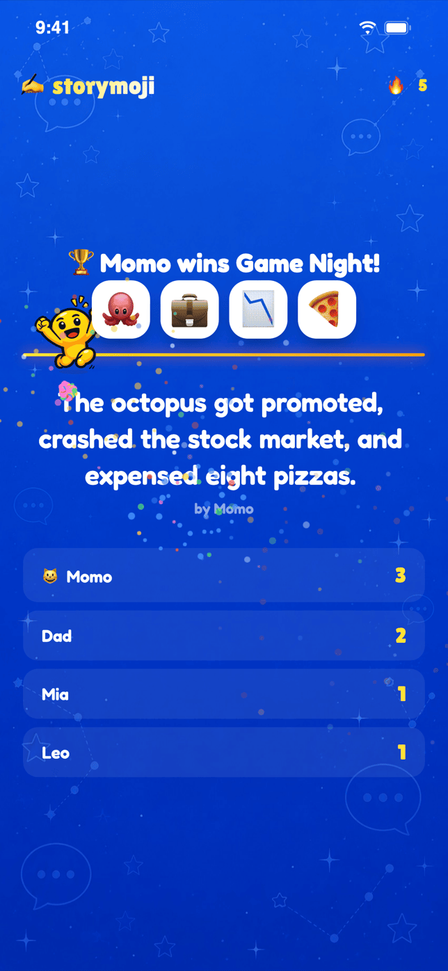 Storymoji Party Mode scoreboard after a round, showing the winning story