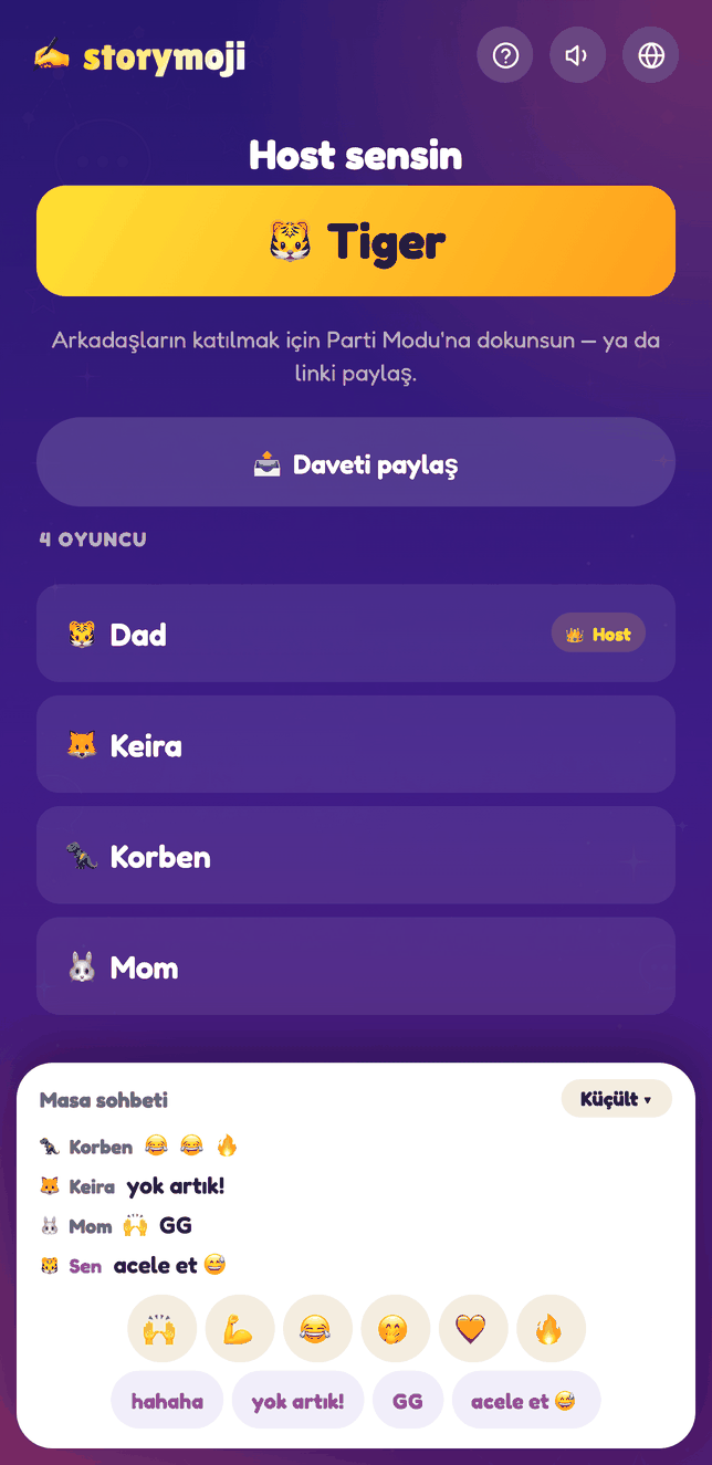 Masa sohbeti açık Storymoji Parti Modu lobisi
