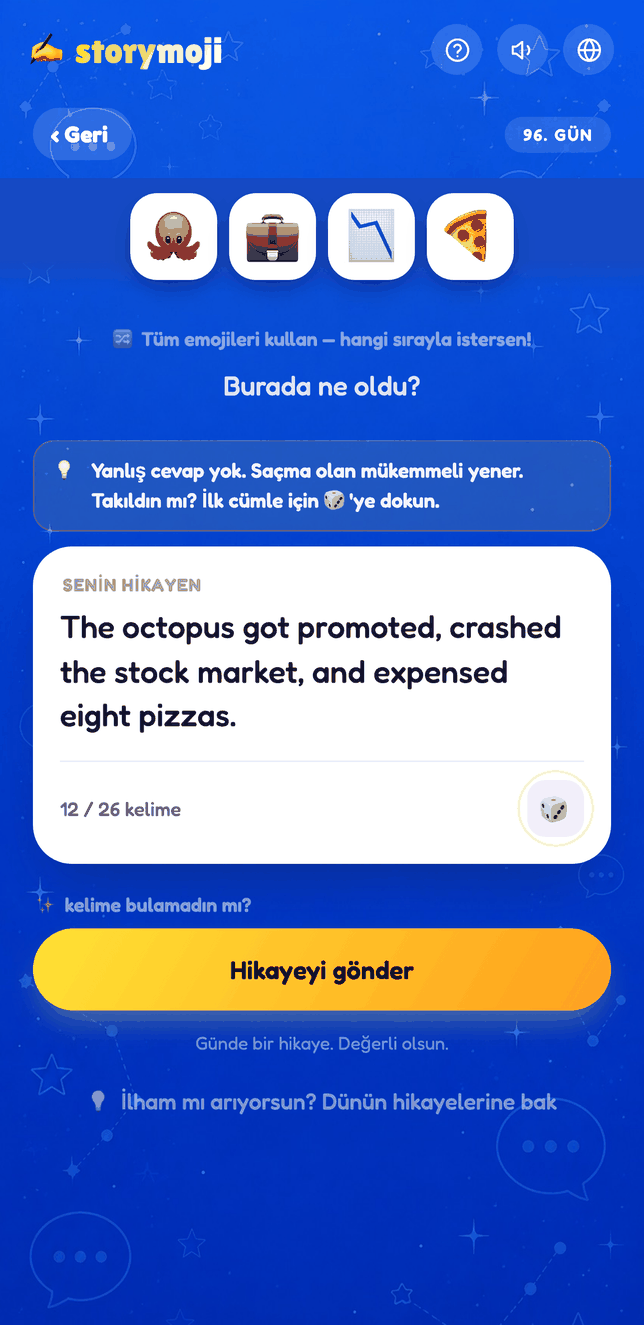Storymoji Günün Hikayesi yazma ekranı, dört emojiden hikaye yazma