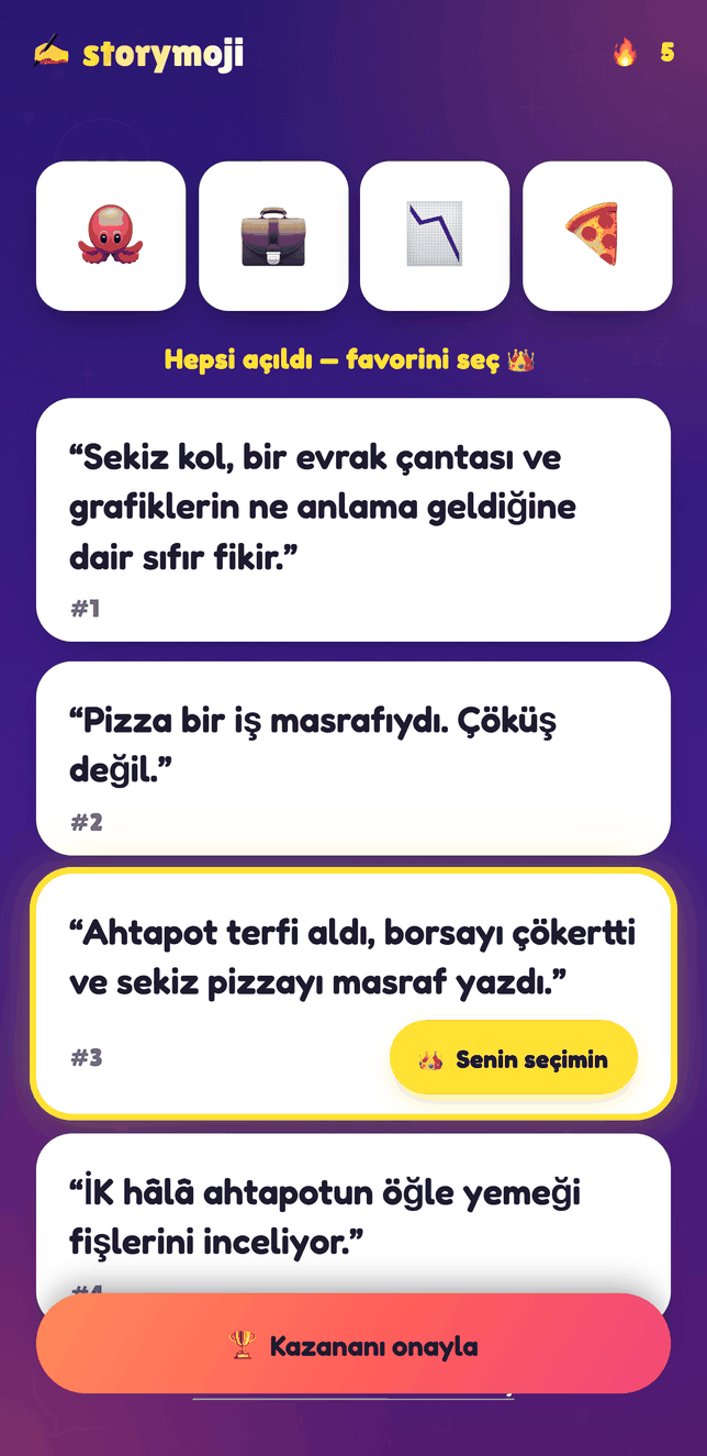 Storymoji Parti Modu jüri ekranı, kazananı seçmek için oyuncuların hikayelerini açıyor