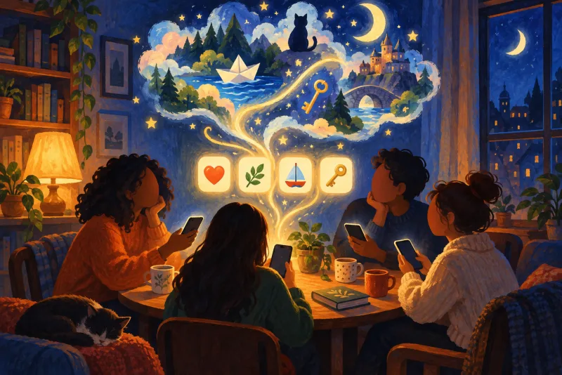 A group of friends together at night, laughing, each writing a story from the same four emojis on their phones