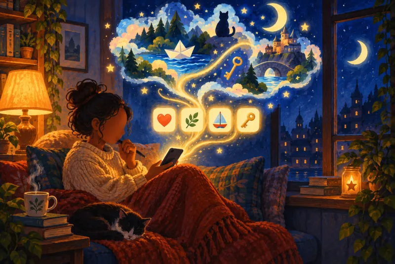 Someone curled up on the couch at night, writing their solo Daily Story