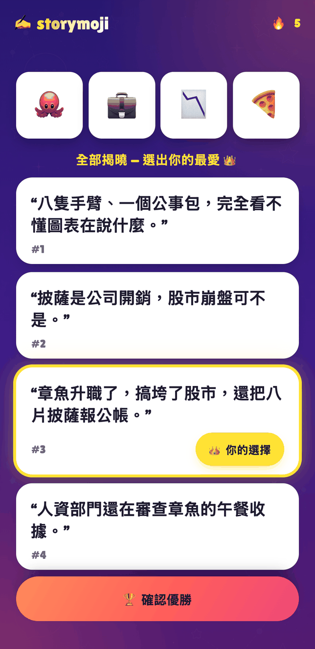 Storymoji 派對模式評選畫面,公開玩家故事並選出優勝者