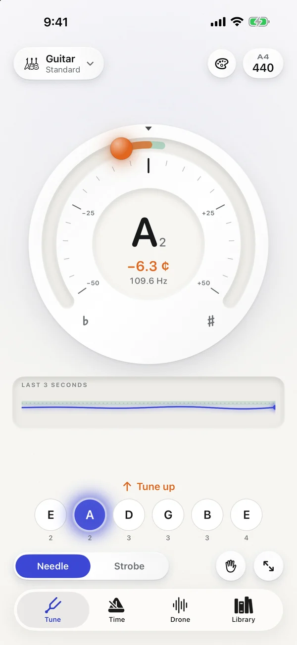 Tine skin: soft matte dial with a pointer bead and a three second pitch trace