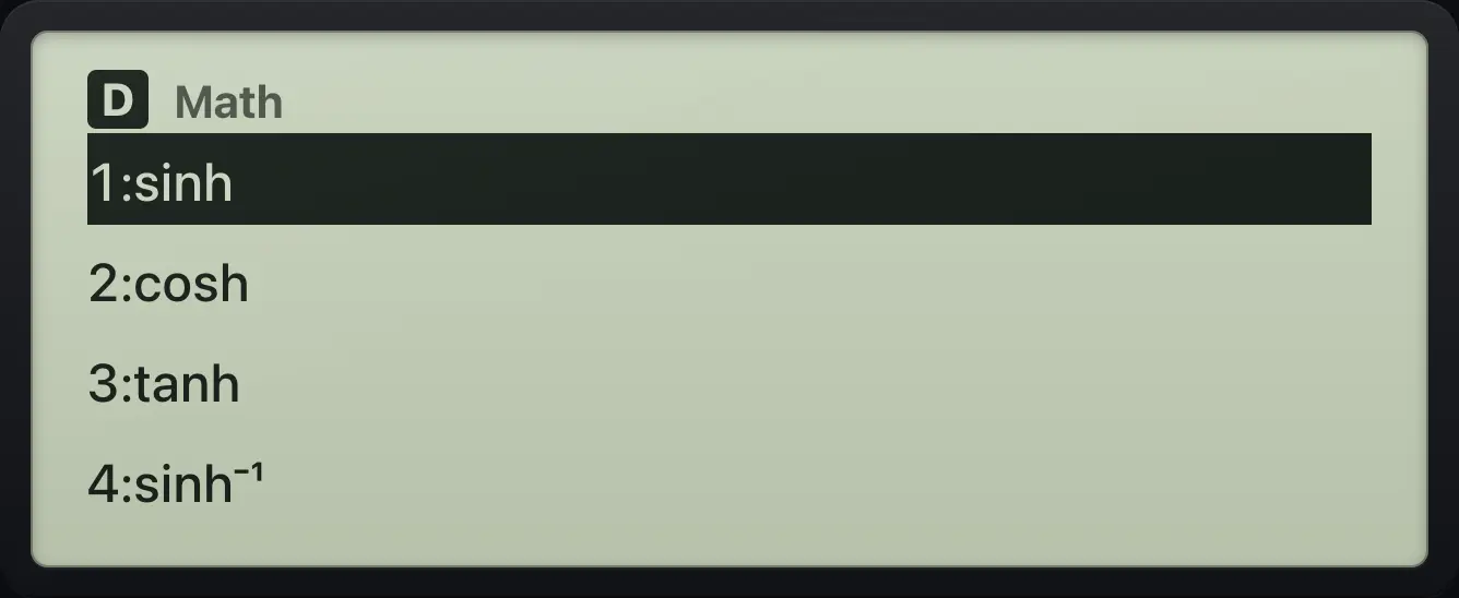 Result of the example "The hyperbolic menu" The display shows: 1:sinh / 2:cosh / 3:tanh / 4:sinh⁻¹.