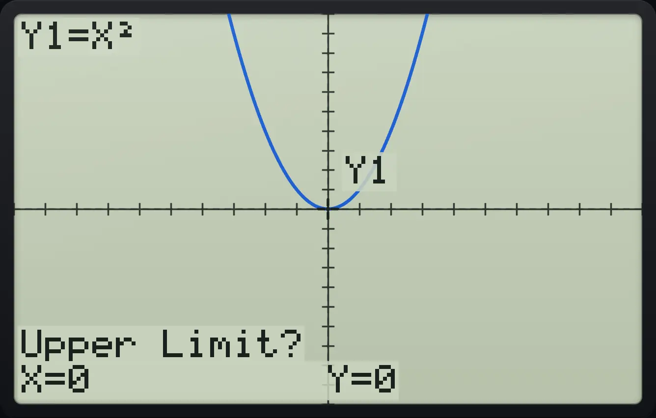 After step 1: Graph X², press 2nd trace and 7. Type 0 for the lower limit and press enter. The display shows: Y1=X² / Upper Limit? / X=0 Y=0.